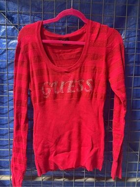GUESS Red Rhinestone Logo striped Sweater